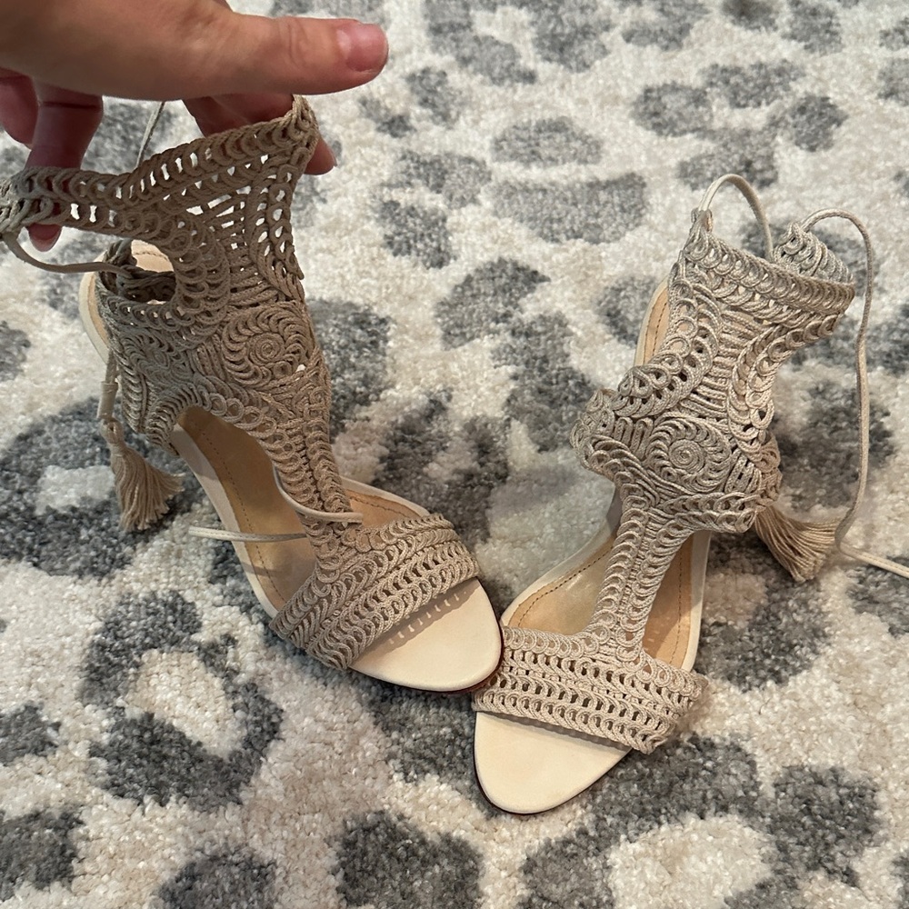 SCHUTZ Beige Woven Lace-Up Heels